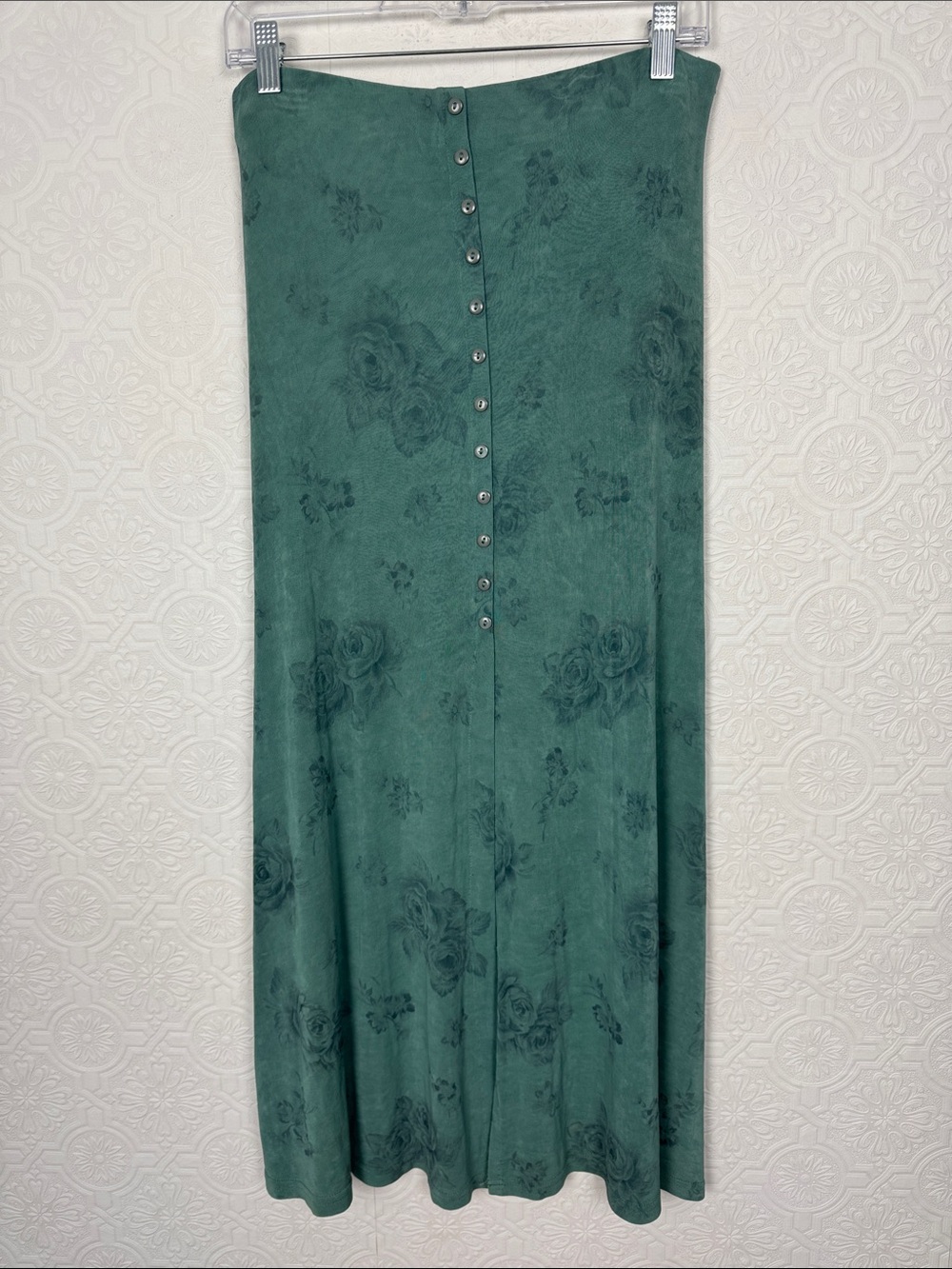 Vintage 80s 90s Jaipur Floral Maxi Skirt Green Button up Cottagecore Boho Medium